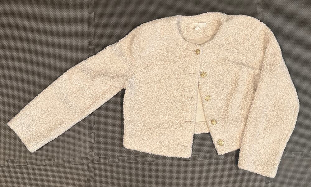 H&M Cream Teddy Sherpa Cropped Jacket Gold Buttons Collarless Womens M